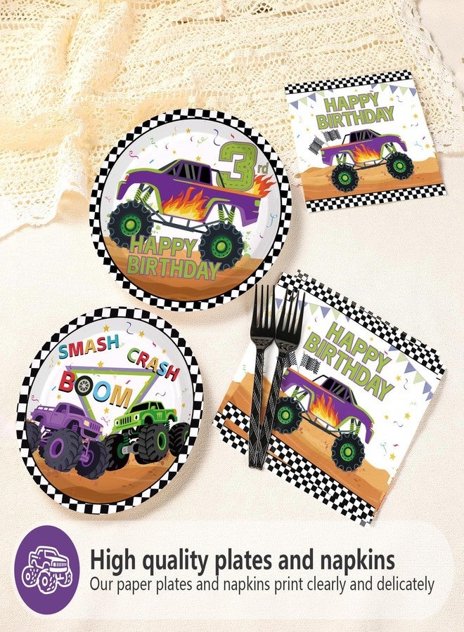 Grencian 96 Pcs Monster Theme Truck 3rd Birthday Party Supplies Green Purple Truck Plates and Napkins Checkered Tableware Set Monster Birthday Decorations for 3rd Kids Boys Monster Themed Truck Party Serves 24 - Image 4